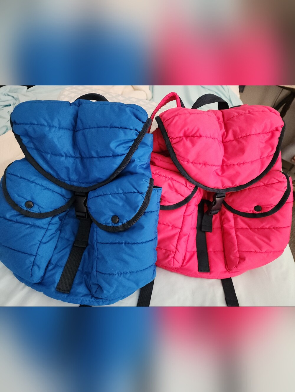 Uniqlo Like New Puffy Couple Backpacks Blue And Pink Bundle of 2